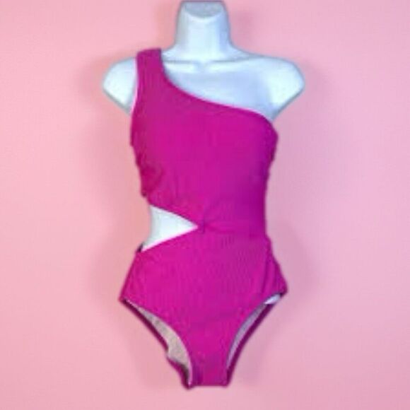 NWT MICHAEL MICHAEL KORS ONE SHOULDER SIDE CUT OUT ONE PIECE WOMEN SWIMSUIT Si - Picture 3 of 6
